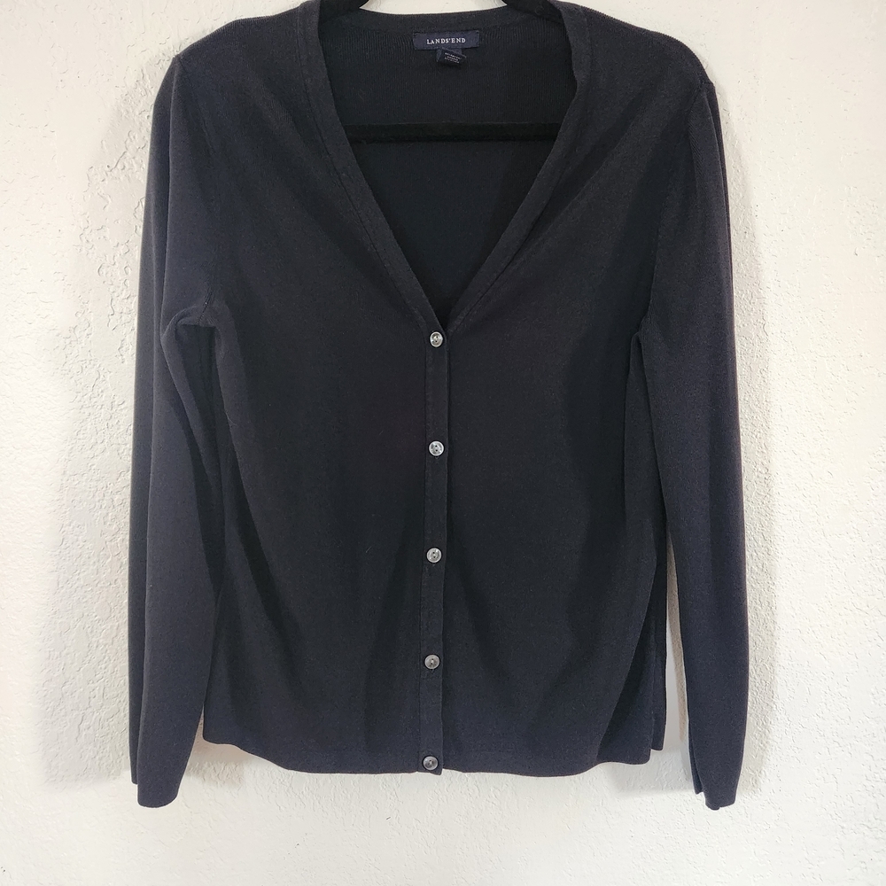 Lands' End Women's Black V-Neck Button Cardigan
